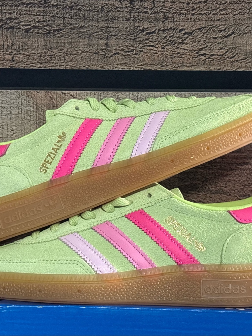adidas Women’s Spezial Suede Sneaker — Lime Green with Pink Accents